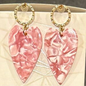 Heart Earrings Gold Tone Pink White Swirl NEW Post Back